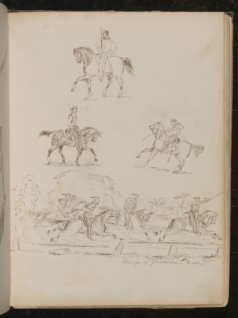 馬に乗った兵士の習作、群像には「Charge of Garibaldian Cavalry」の銘がある（ペンとインク 作： レディ・バトラー