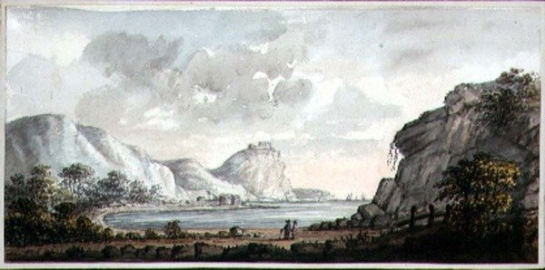 湾を見下ろす二人の人物のいる風景」1825年頃（紙に水彩画） 作： レディ・エガートン