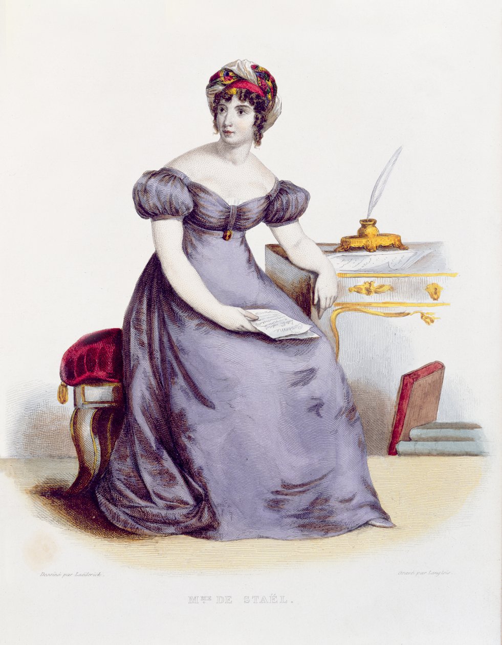 Mme de Stael、1840年頃（カラー彫刻） 作： レーデリック