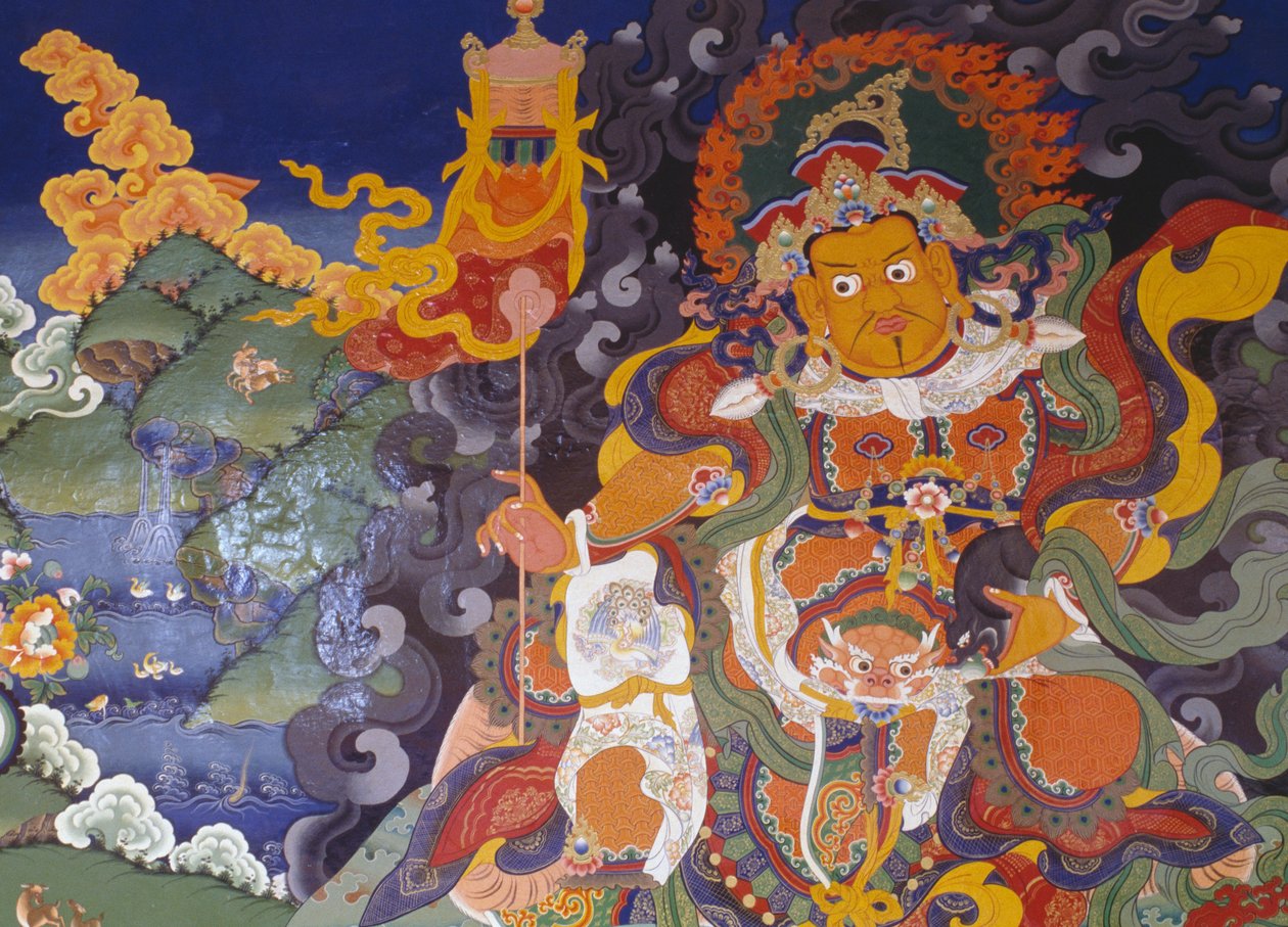 色とりどりの神々を描いたフレスコ画（インド、ジャンムー・カシミール州ラダック地区、ヒマラヤ山脈、ラマユル仏教僧院（ラマユル・ゴンパ 作： ライラ（現代美術家）シャワ