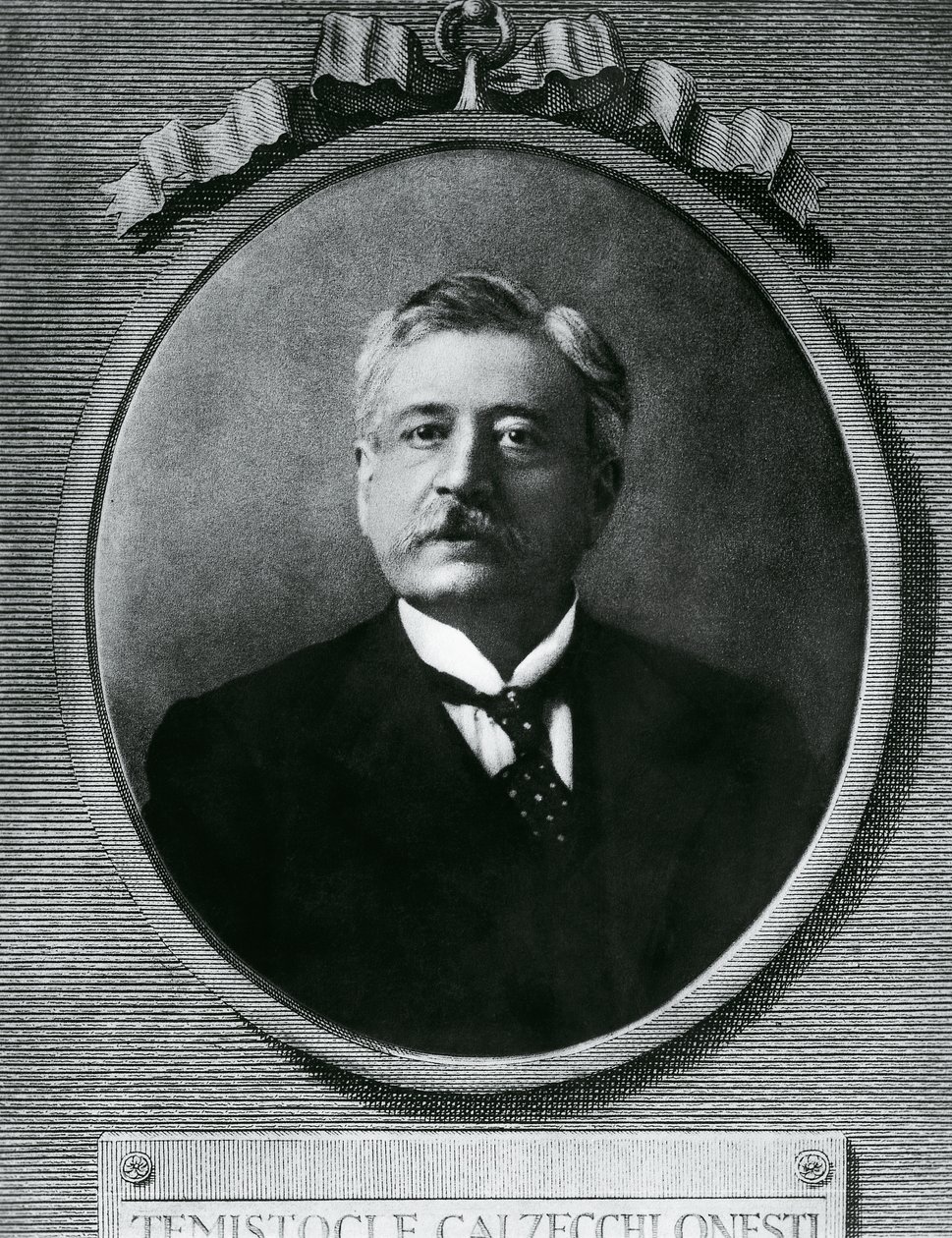 イタリアの物理学者・発明家、テミストクル・カルゼッキ・オネスティ（1853-1922）の肖像、写真をもとにした銅版画 作： ライラ（現代美術家）シャワ