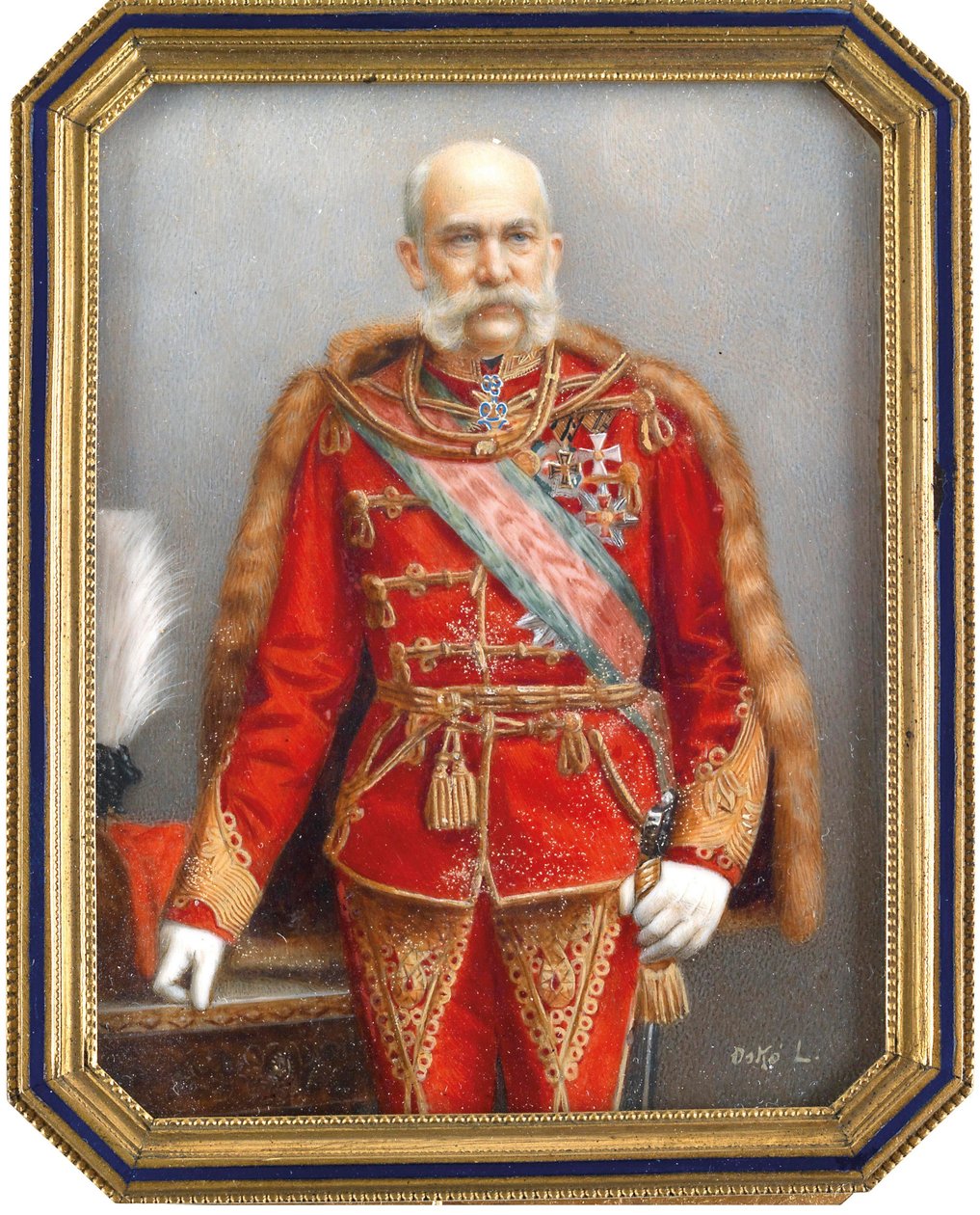 ハンガリーの制服を着たオーストリアのフランソワ・ヨーゼフ1世（1830-1916）の肖像。 Lajos Osko (1865-1922) の作品、ホーンに水彩とグワッシュ。 ハンガリーの芸術、学術芸術。 プライベートコレクション。 作： ラホスオスコ