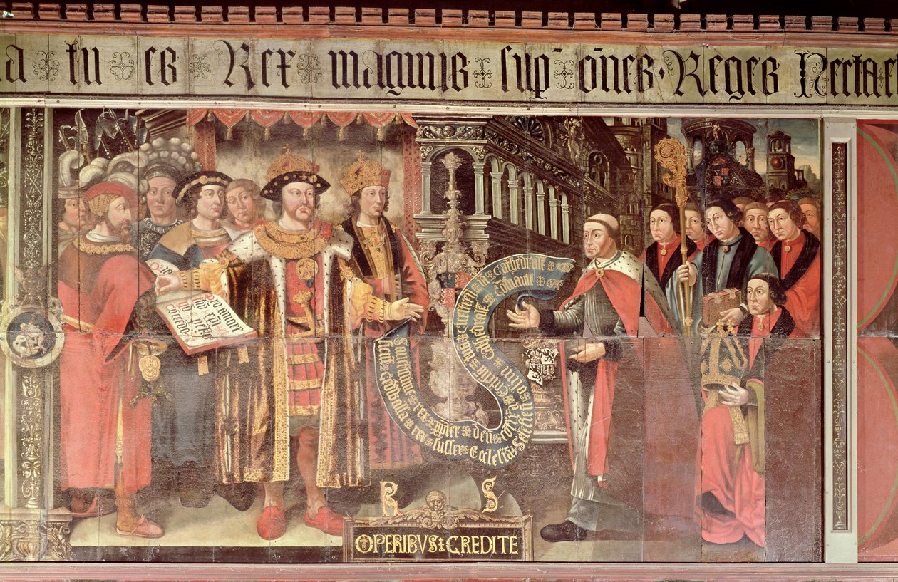 ロバート・シャーバーン司教とヘンリー8世（1491-1547）c.1508-36（壁画） 作： ランバートバーナード