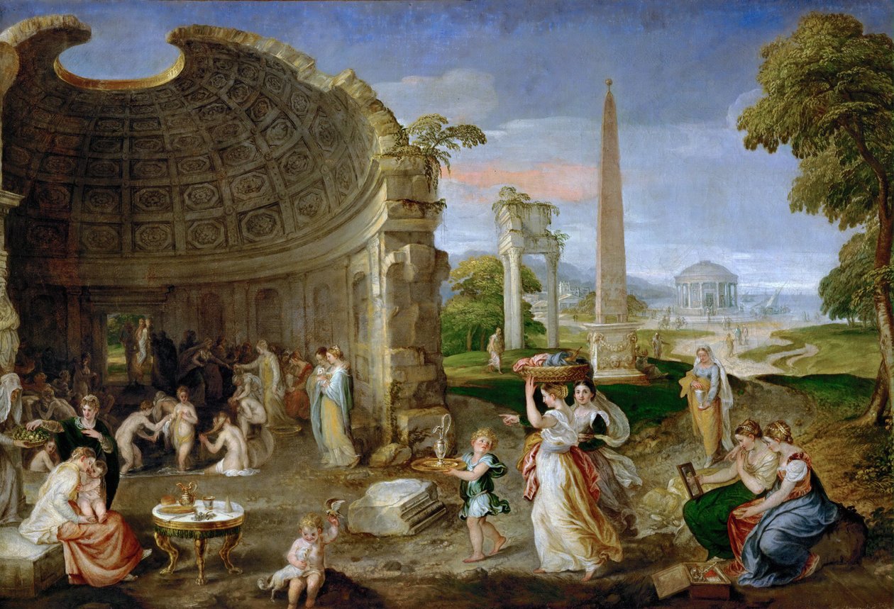 アンティークな廃墟と水浴びする女性たちのいる風景 - Lambert Sustris (Alberto de Olanda) (1515/20-1591年以降).キャンバスに油彩、約1552-1553年。サイズ：101x150cmヴィエンヌ美術史博物館 作： ランバート・サトリス