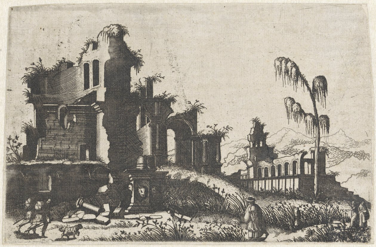 Landschap met bekrövde ruïnes en Travelers 画家や同種の芸術家にとって非常に有用な、さまざまなメーカーの遺跡の図面 (シリーズ タイトル) 作： ランベルトゥス・スアビウス