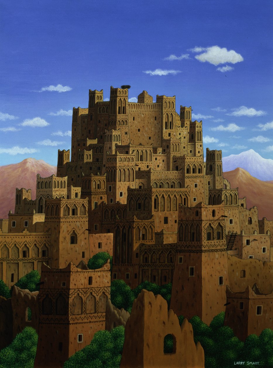 1993年、カスバの谷を越えて（リネンにアクリル） 作： ラリー・スマート