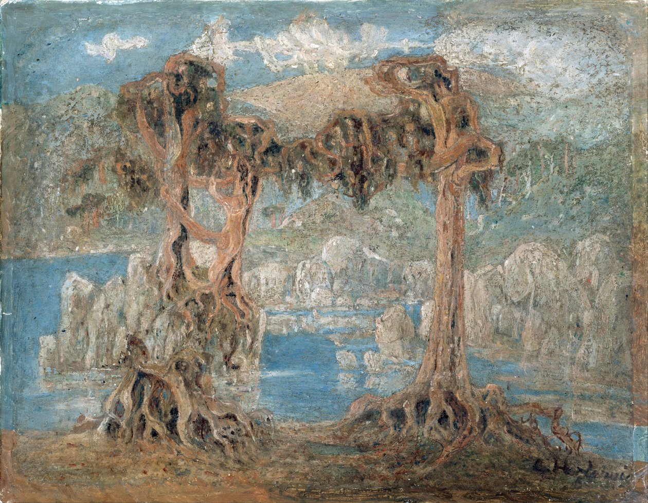 風景」海辺の痩せた木々、ノルウェー - Lars Hertervig (1830-1902