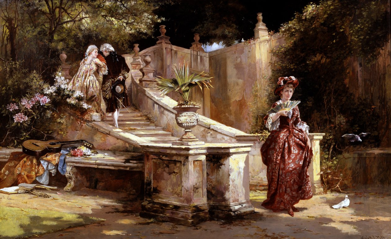 秘密のランデブー秘密のランデブー階段で扇風機に隠れて男の耳元でささやく女（中傷、ゴシップ）。振り向かずに微笑む階段下の少女。ギターと 作： ラスレット・ジョン・ポット