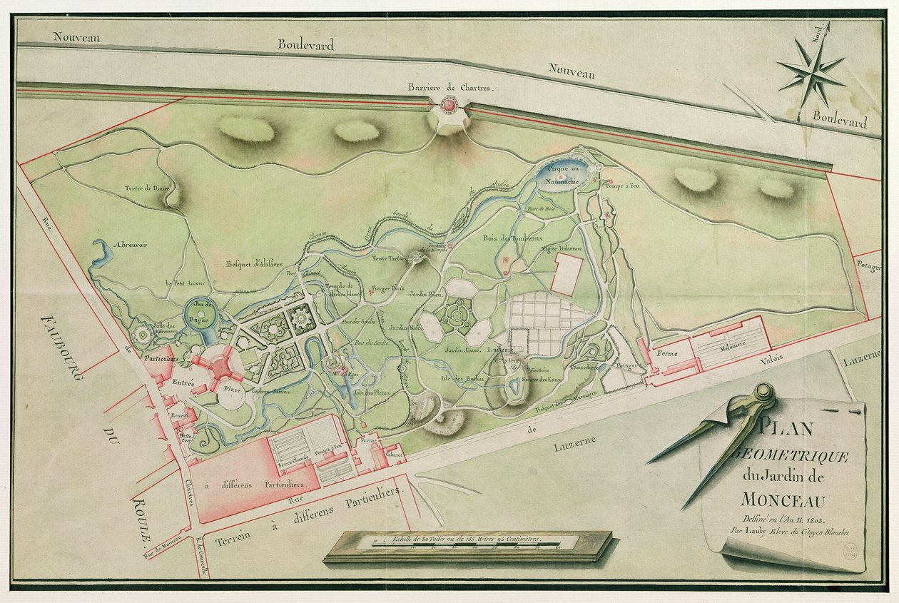 モンソー公園の計画、1803年（紙にペンとインクとトイレ） 作： ラウリー