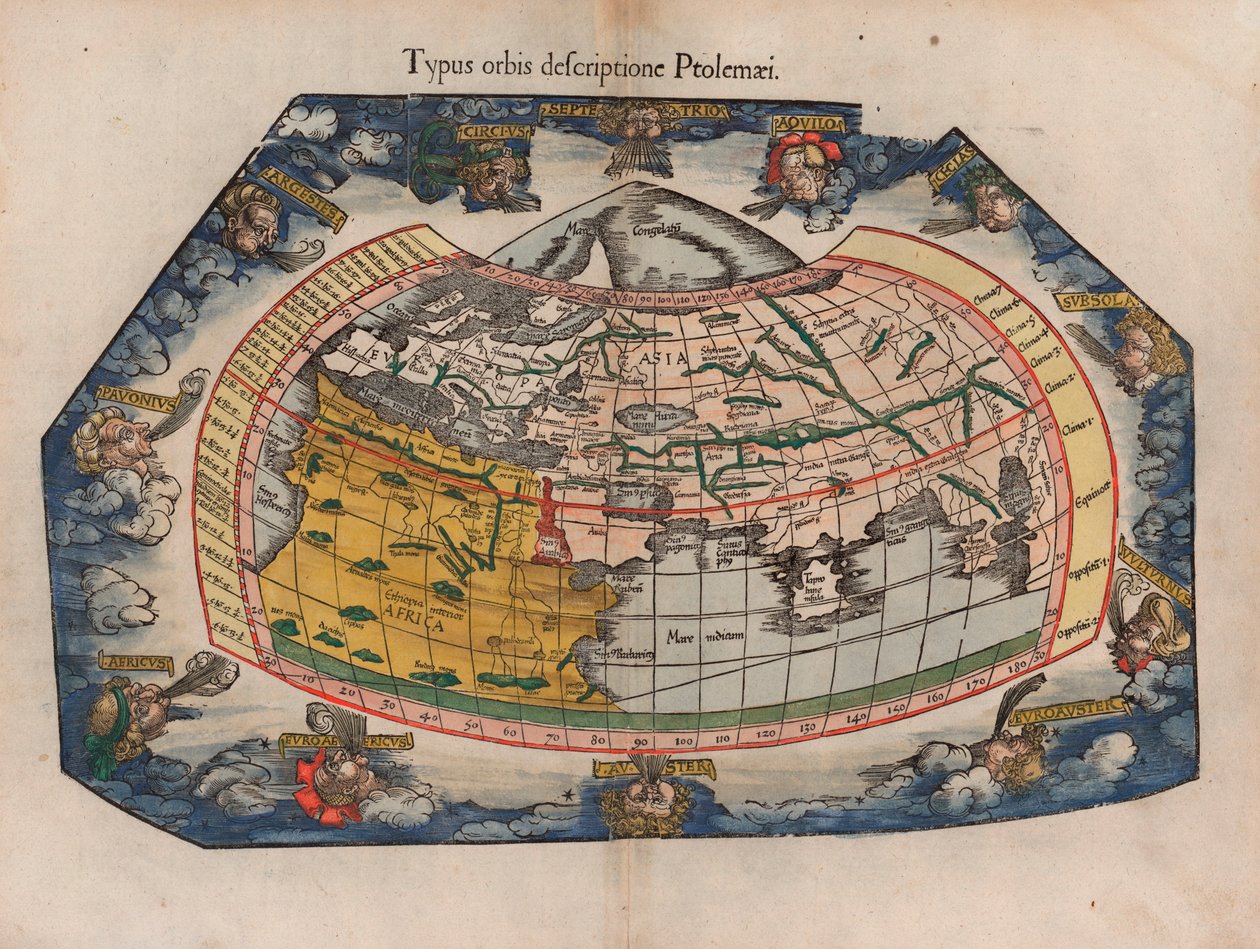 プトレマイオス朝（Typus Orbis Descriptione Ptolemaei）が書いた世界地図GasparTrechselの1541年のプトレマイオス朝の地理に関する1522年の地図の再版からのLaurentFries 作： ローランフライ