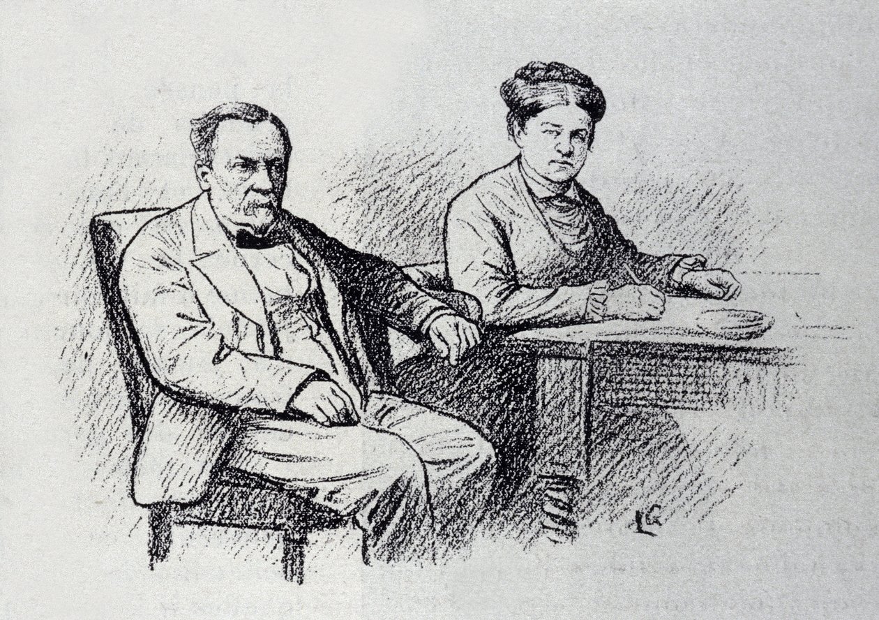 妻マリー・ローランとの関係を口述するフランスの化学者・物理学者、ルイ・パスツール（1822-1895）の肖像。スケッチはLucien Laurent-Gsell（Laurent Gsell）（1860-1944）。DR 作： ローラン・ルシアン・グセル