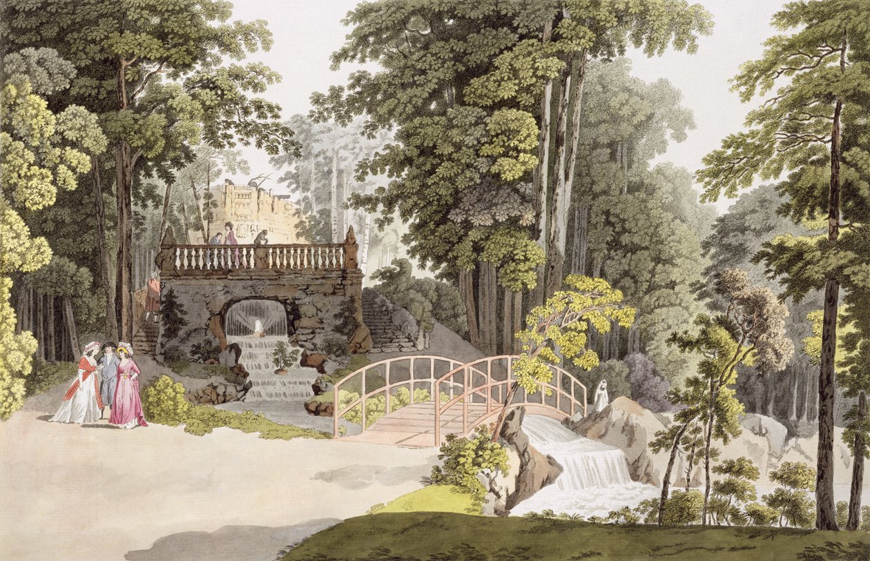 ヨハンジーグラー（c.1750-c.1812）、c.1790によって彫刻された「ウィーンの周辺の遊園地」からの、ウィーンのエアローの滝の眺め 作： ローレンス・ジャンシャ