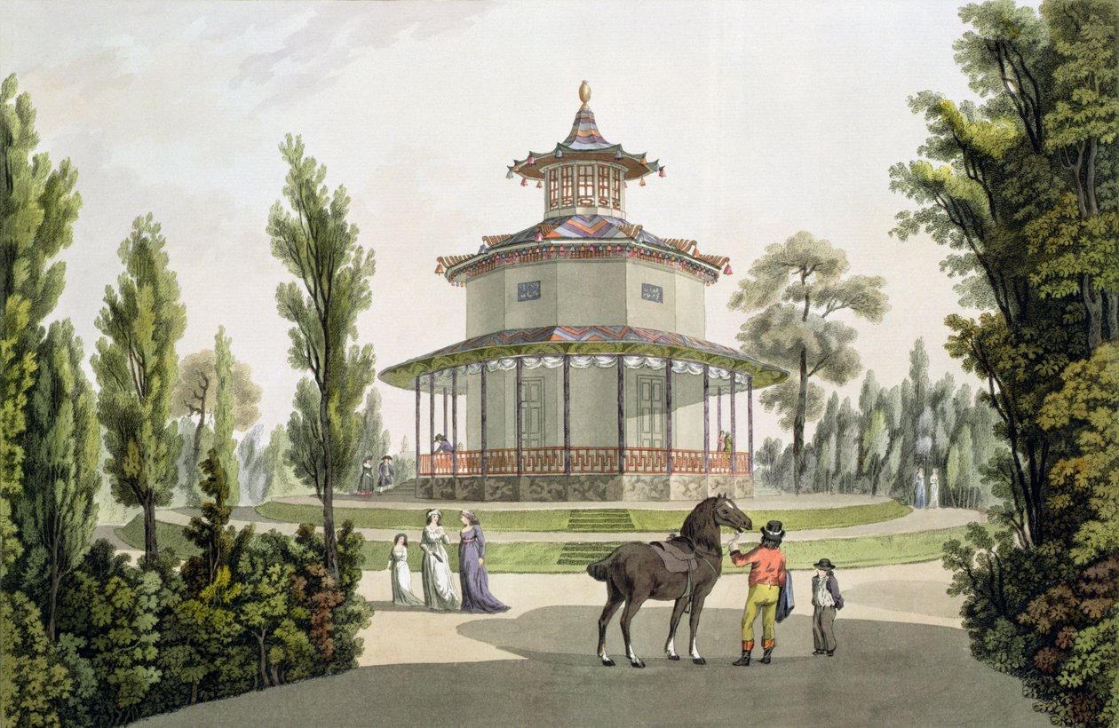 ヨハンツィーグラー（c.1750-c.1812）によって彫刻された、アイスグロブにあるリヒテンシュタイン宮殿の中国の夏の家の眺め、1792 作： ローレンス・ジャンシャ