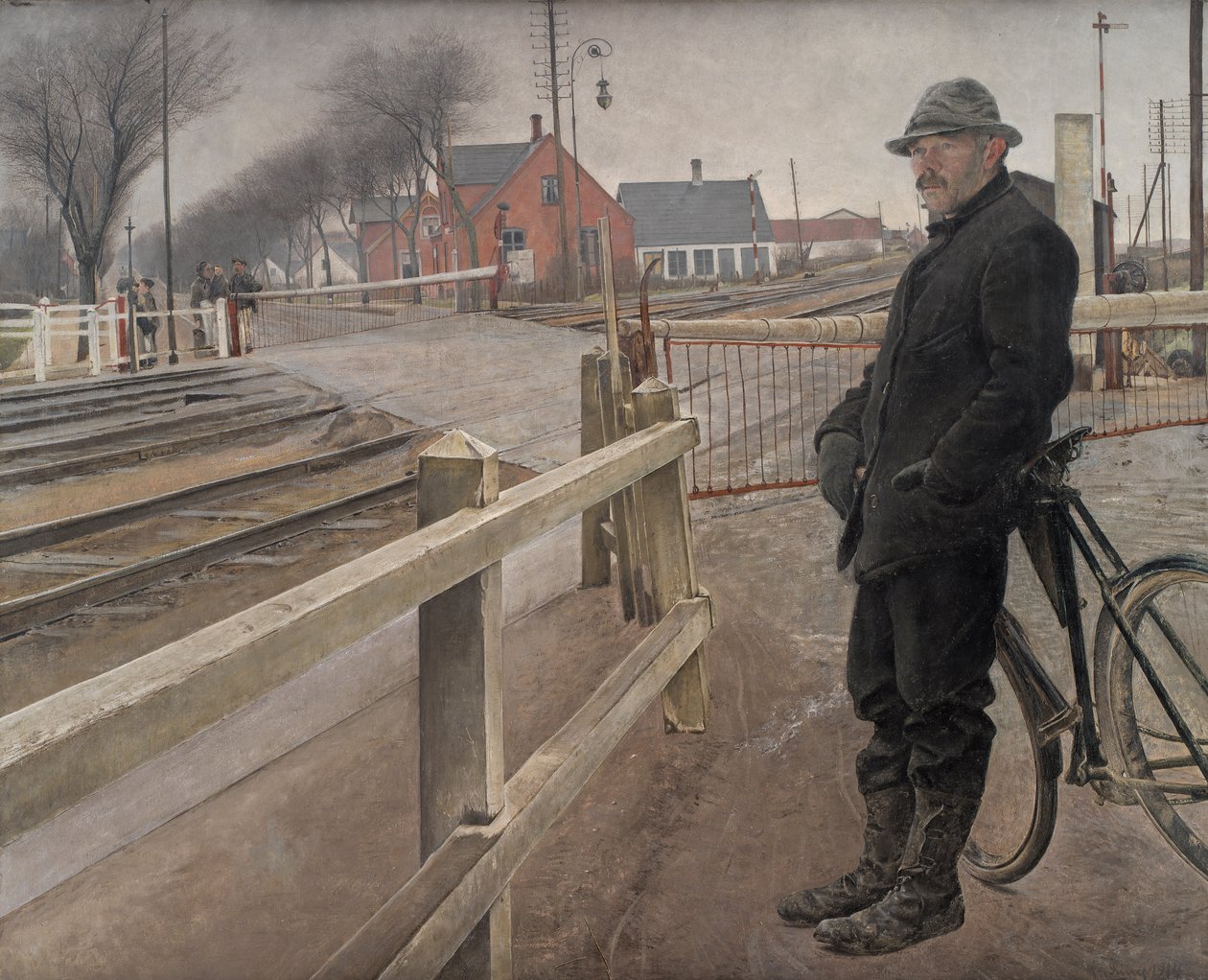 電車を待っています。 ロスキレ ハイウェイの踏切、1914 年。 作： ラウリットのアンデルセンリング