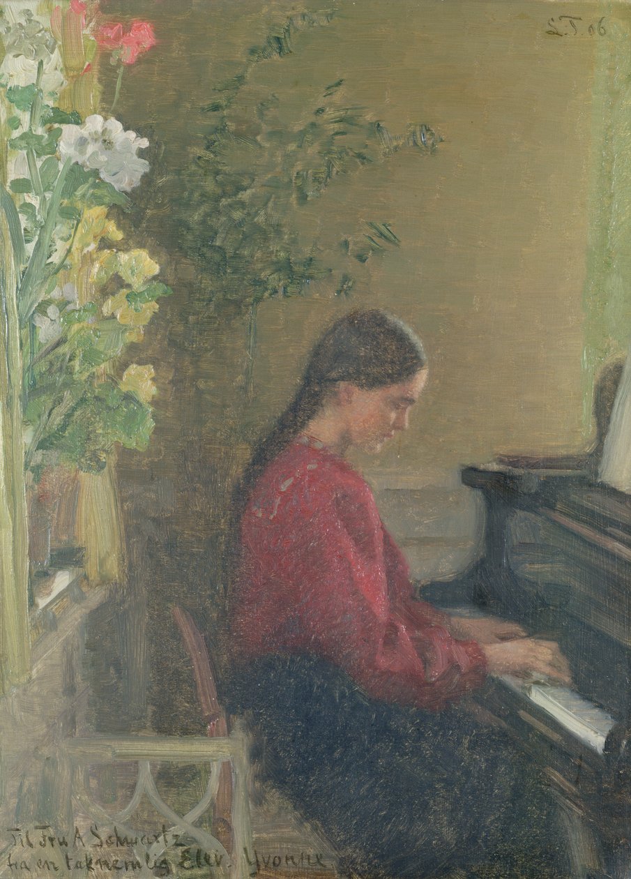 ピアノを弾く画家の娘イヴォンヌ 1905年頃（油彩・キャンバス 作： Laurit 社のスプリンクラー Tuxen