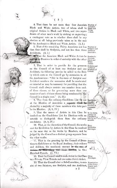 ロイヤル・アカデミー・オブ・アーツ 3月10日の総会で選出された特別委員会の報告書」の余白に描かれた委員のスケッチ 作： ローレンス・アルマ・タデマ