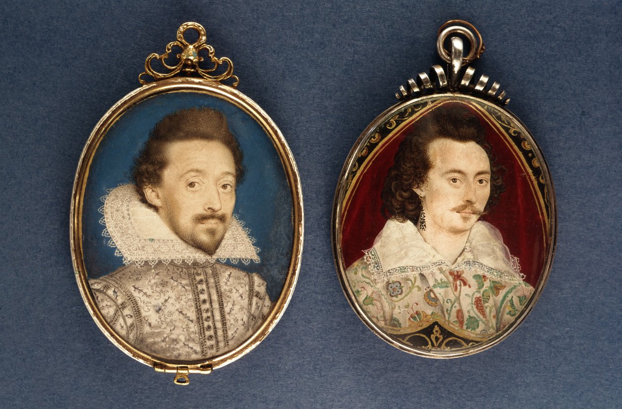 左：ローレンス・ヒリアードの若い男の肖像、c.1620。右：ニコラスヒリアード（1547-1619）による若い男の肖像、1585年頃 作： ローレンス・ヒリアード