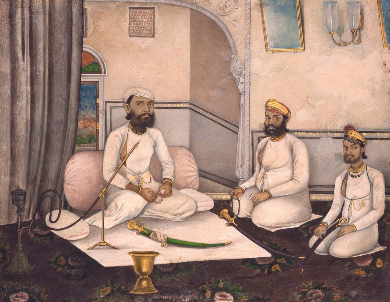 Thakur Sahab Samadr KaranjiとKabraji Mukandra Karanji SahabおよびBhao Raj Cha、c.1875（紙に不透明なwcおよび金） 作： ラクシュミ・ナラヤン