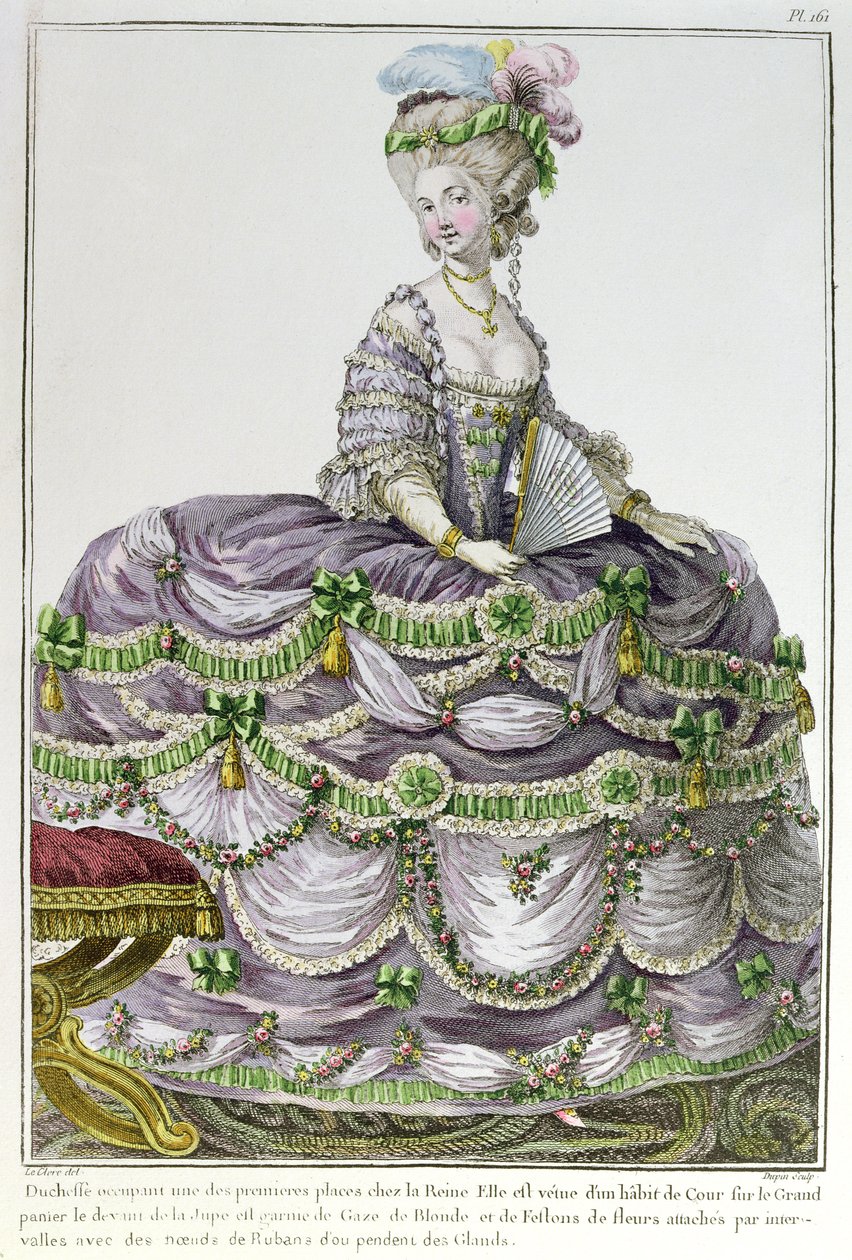 パピエのドレスを着たルイ16世の宮廷の公爵夫人、デュパンの彫刻が施された「Galerie des Modes et Costumes」のプレート番号161、c.1778-87 作： ル・クレア