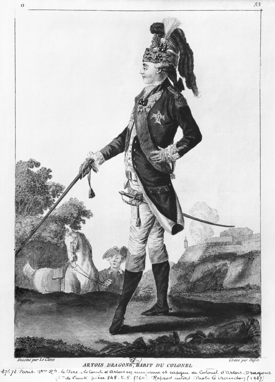 フランスのシャルル（1757-1836）デュパンが刻印したアルトワドラゴン連隊の大佐のキャスクとユニフォームを着たアルトワ伯爵 作： ル・クレア