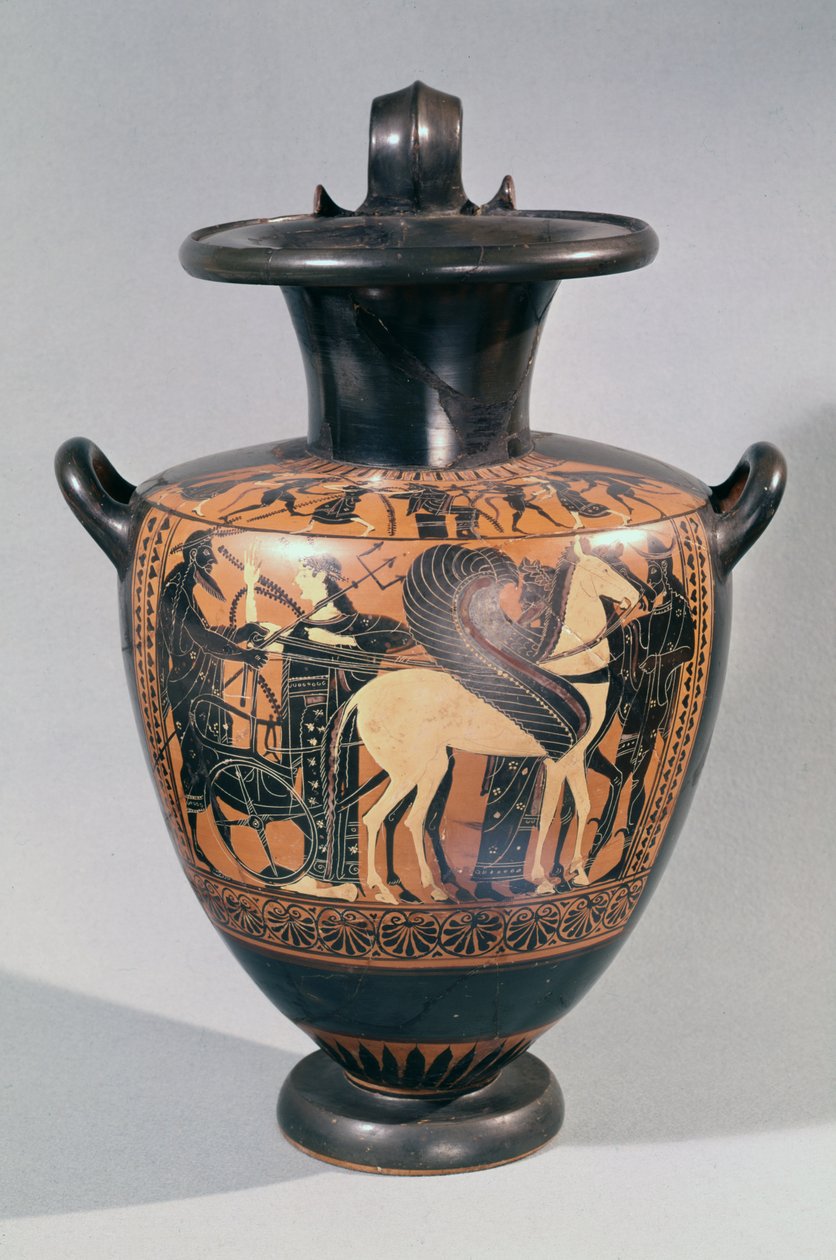 出発の場面を描いた屋根裏の黒い図のハイドリア、c.530-520 BC（陶器） 作： リーグロスグループ