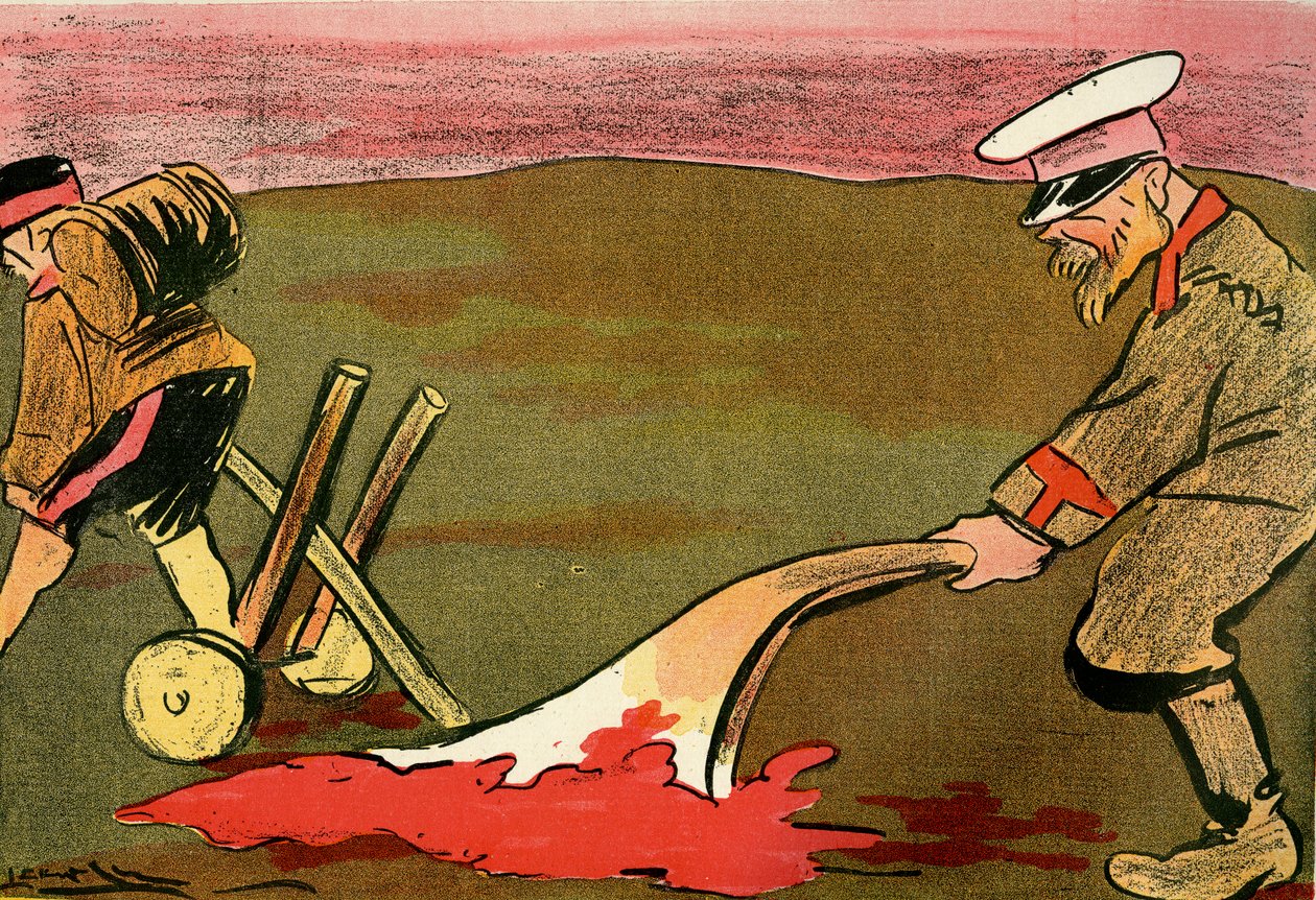 文明の鋤 - 血まみれの戦場を耕すロシアの兵士。 1904年（石版） 作： Leal de Camara