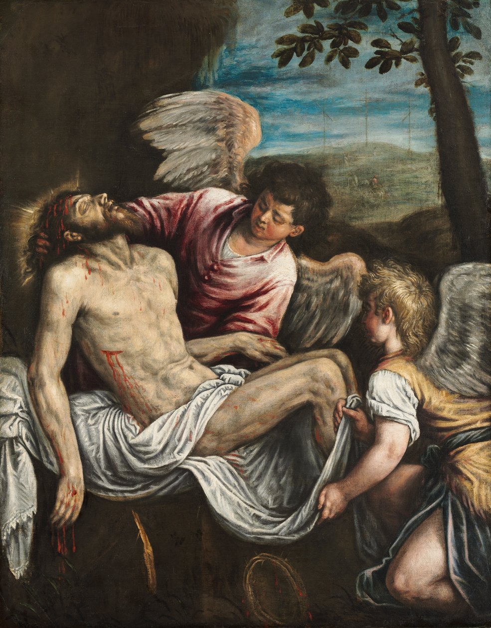 天使と死んだキリスト、c。 1580年（キャンバスに油彩） 作： レアンドロ・ダ・ポンテ・バッサーノ