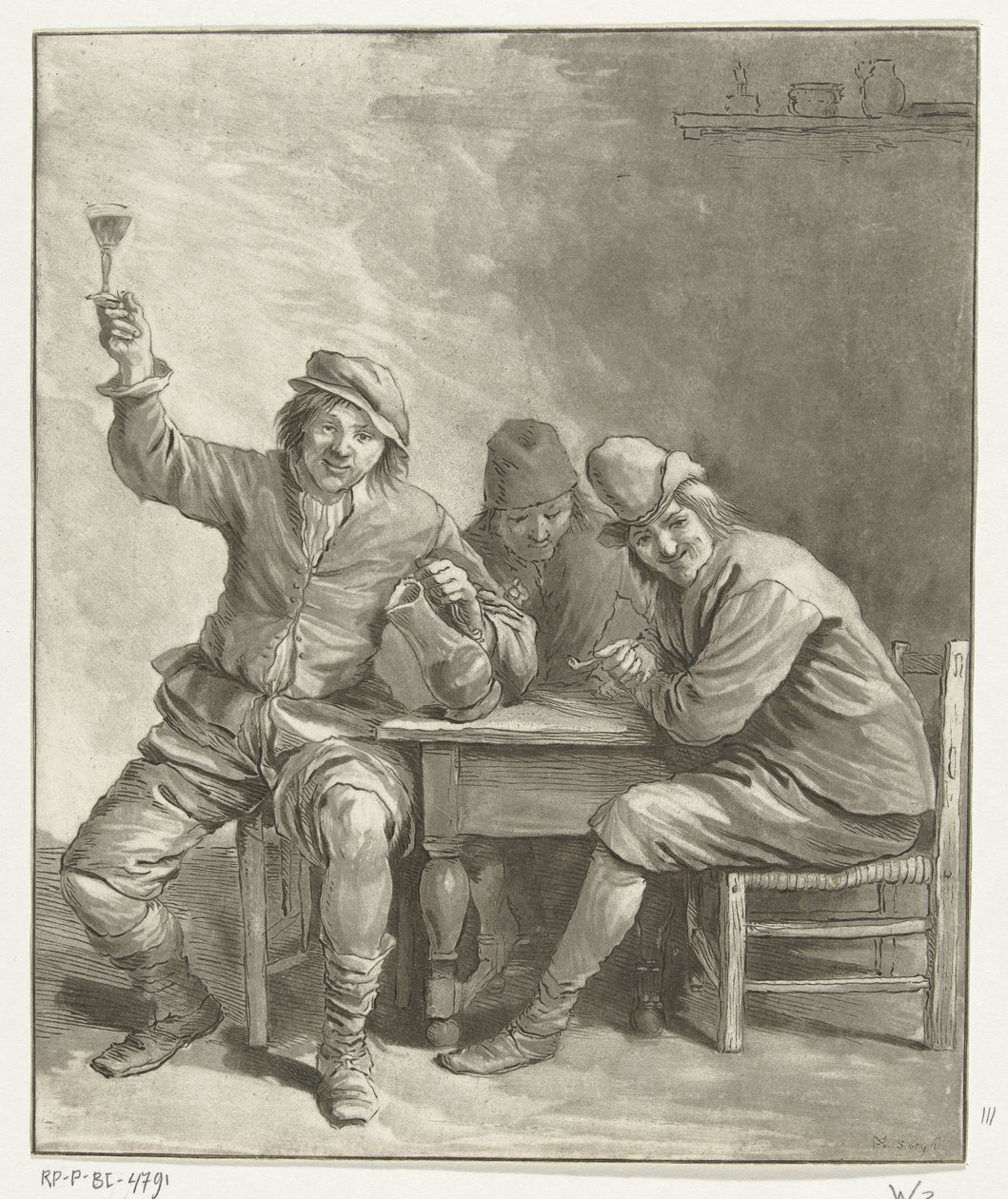 喫煙と飲酒のテーブルで 3 人の男性 作： Leendert Brasser（アーティストによる署名）