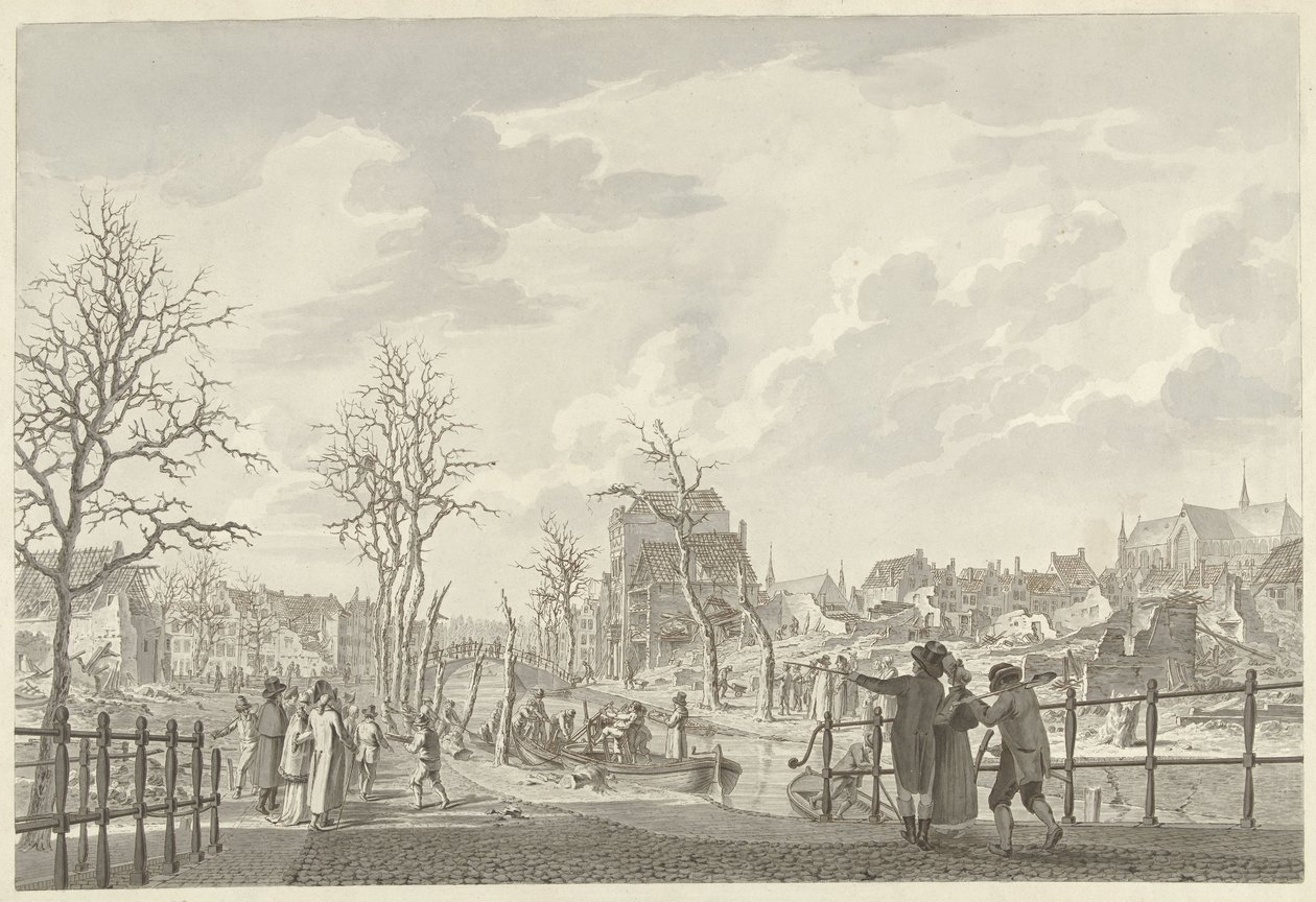1807 年 1 月 12 日の火薬災害後のライデンのラーペンブルクの遺跡 作： Leendert Overbeek