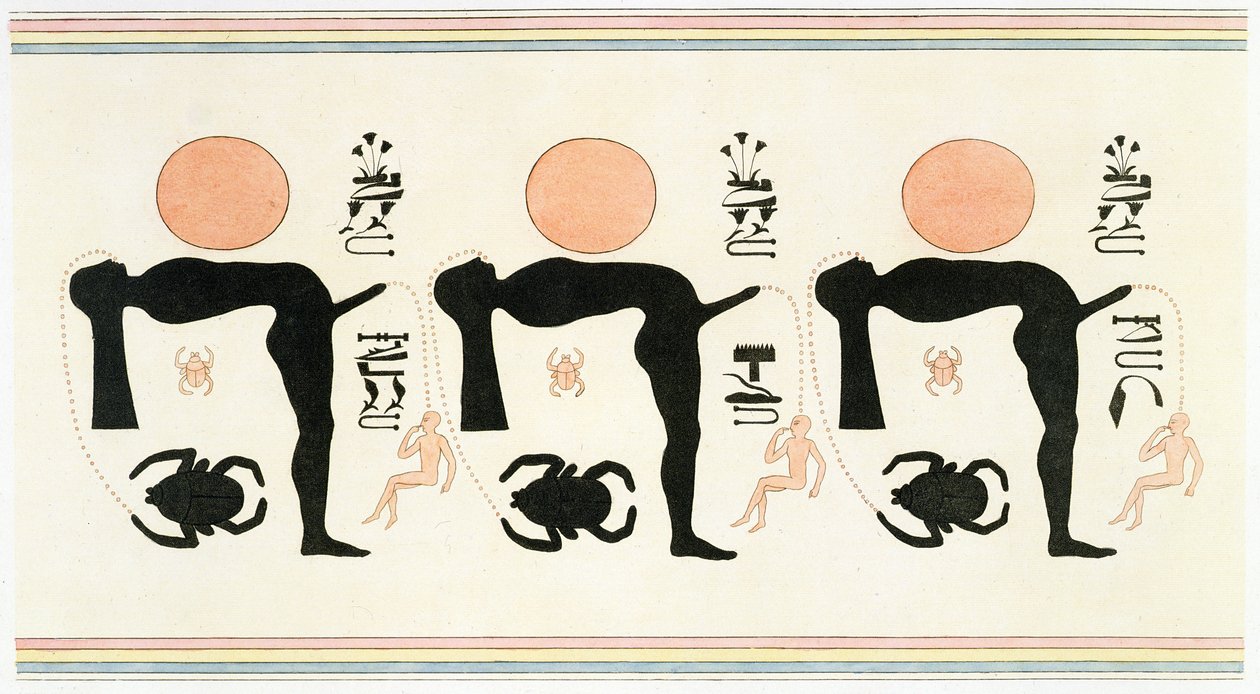1809年から22年に出版されたエドモンド・フランソワ・ジョマールによる「エジプトの説明」からのテーベのビバン・エル・モルークのエロティックなフレスコ画（カラーリソ） 作： Legentil（後）