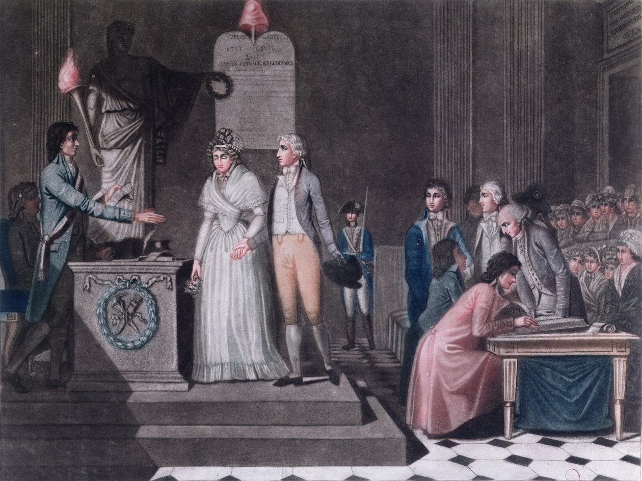 フランス革命の期間中に共和党の結婚を行っていた市長、1795年頃（カラー彫刻） 作： ルグラン