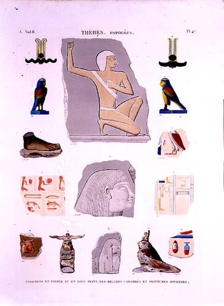 石と木片に描かれたレリーフの図解 ハイポジウム、テーベ ルロイが彫刻した「エジプトの記述」の第2巻からのプレート47。 作： レノア（後）