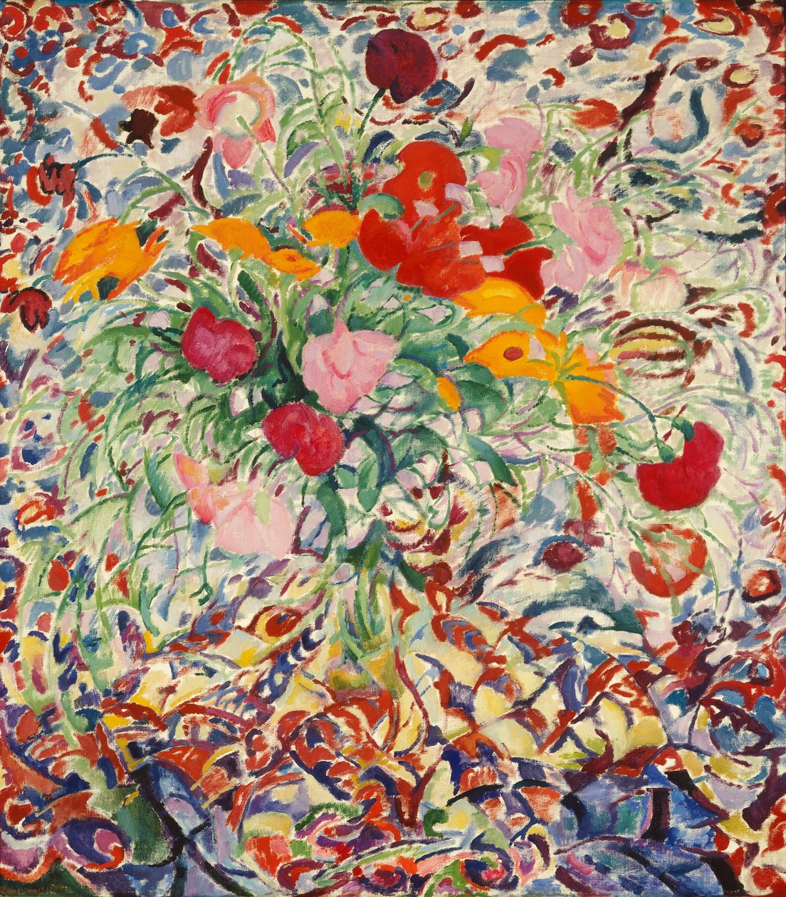 花布の前に咲く花 作： レオ・ゲステル