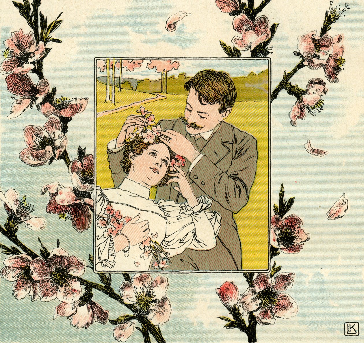 男性が若い女性の髪に春の花を挿す 作： レオ・カインラドル