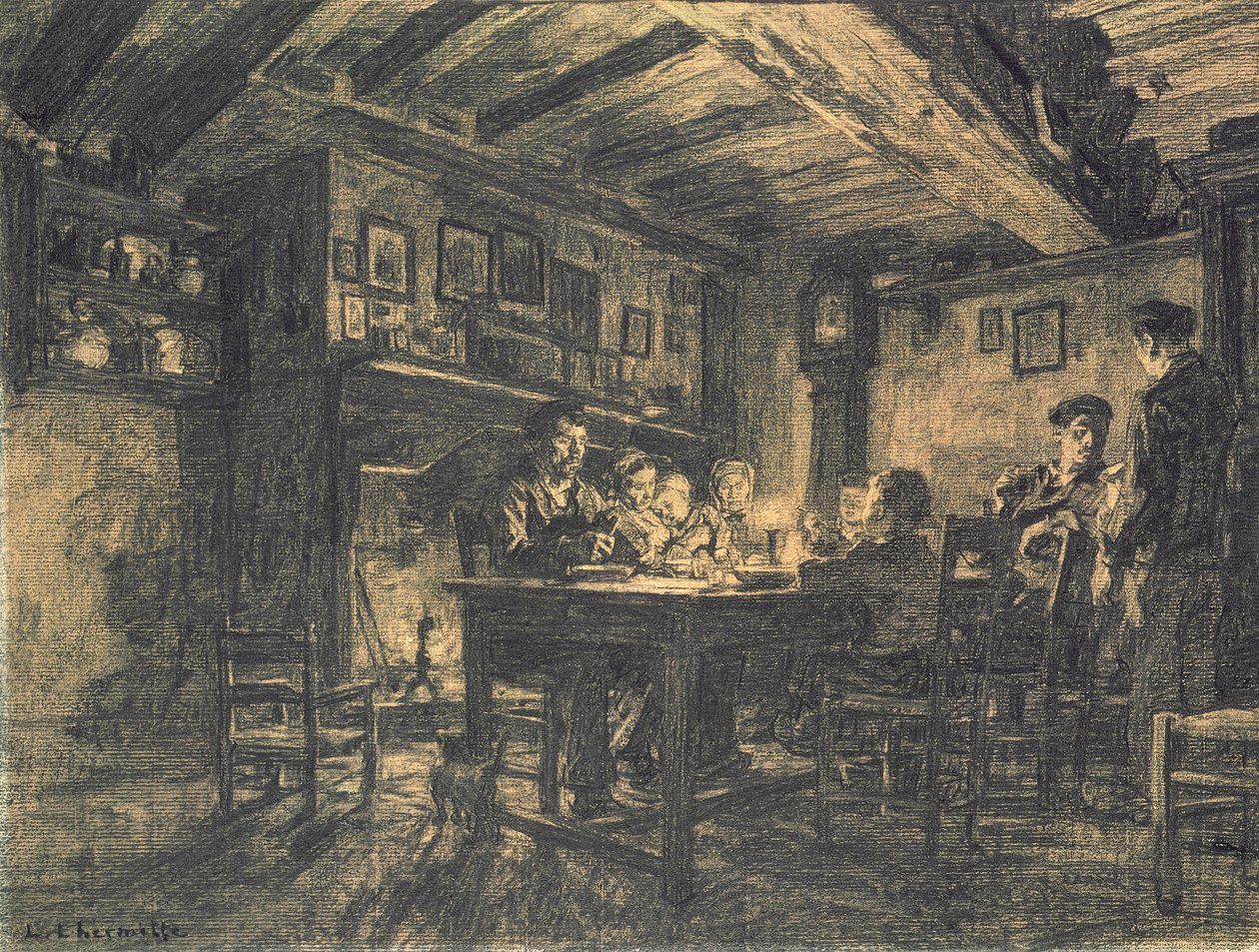 1883年の夕方の家族の夕食（紙に炭） 作： レオン・オーギュスタン・レルミット