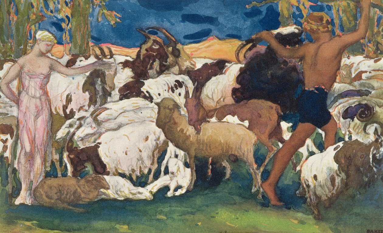 DaphnisとChloeの入札互いにおやすみなさい、装飾パネルのデザイン、DaphnisとChloe、c.1912より 作： レオン・バクスト
