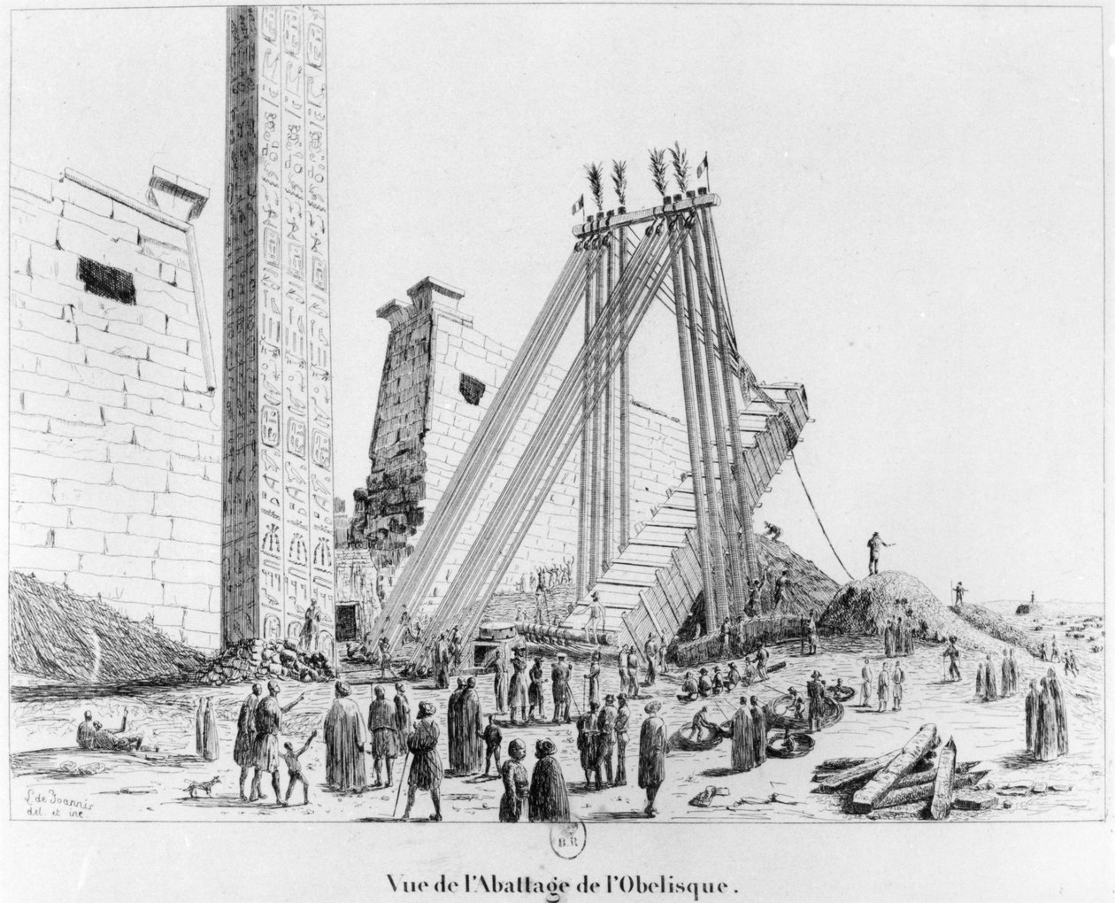 1835年、ルクソールのカンパーニュピットトレスクから、ルクソール神殿からオベリスクを引き下ろす 作： レオン・デ・ジョアニス