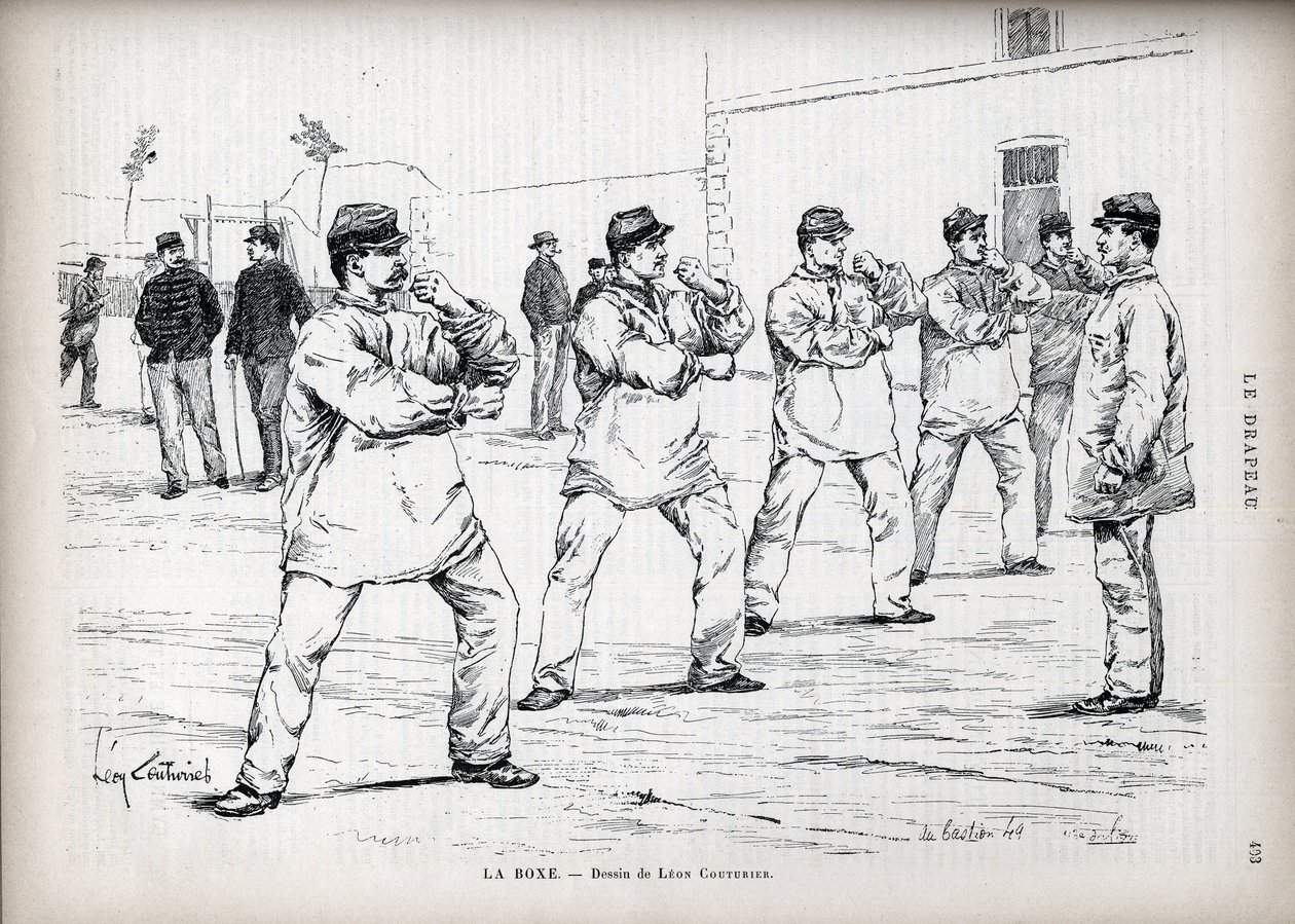 La Boxing - French Armees - Leon Couturier (1842-1935) によるドローイング - 「The Flag」のために - 「愛国者同盟のモニター」 - 8月22日 作： レオン・アントワーヌ・ルシアン・クチュリエ