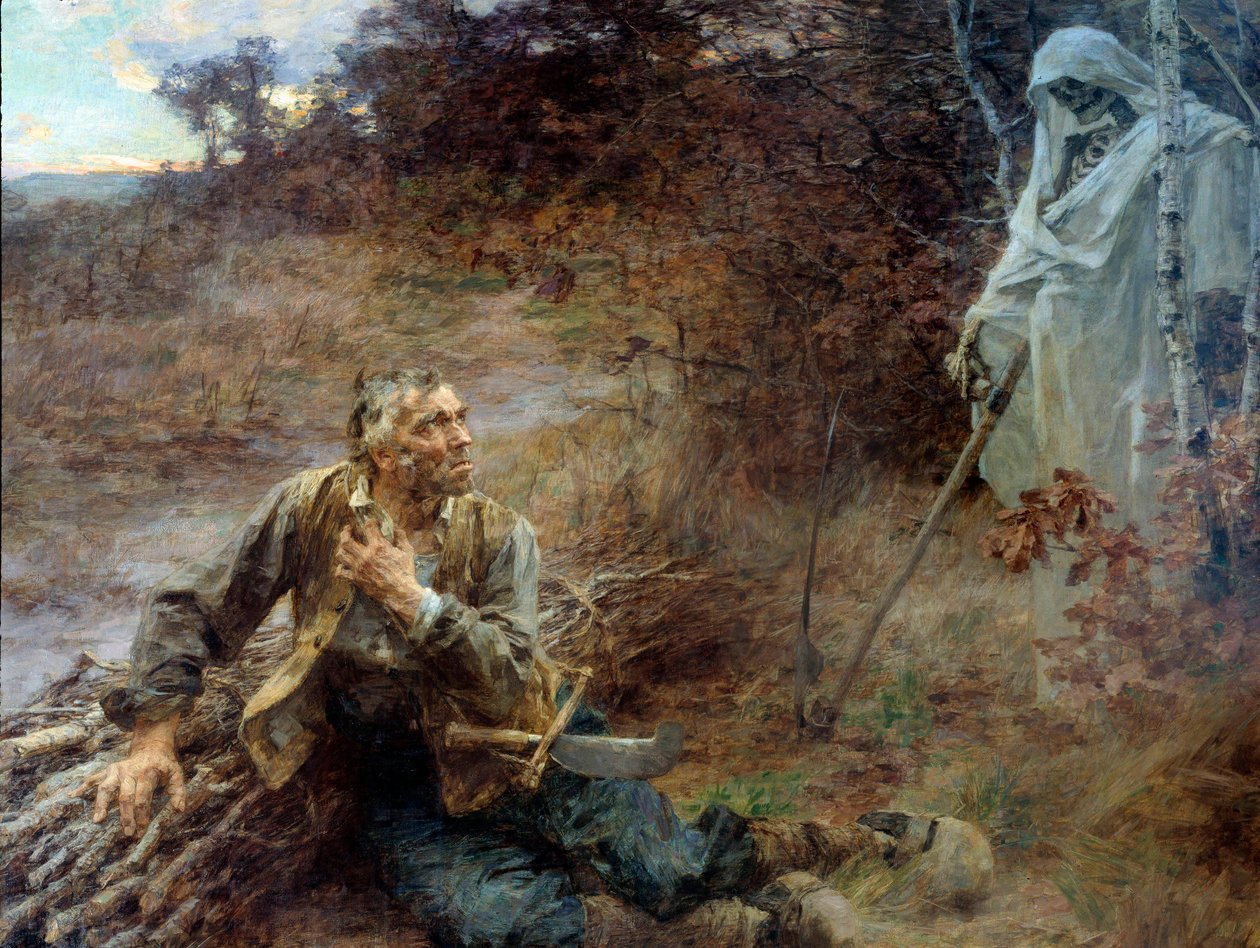 La mort et le woodman ジャン・ド・ラ・フォンテーヌ（1621-1695）の寓話のための挿絵 レオン・オーギュスタン・レルミット（1844-1925）の絵画 1893年 2.06 x 2.42 m Chateau Thierry, musee La Fontaine - 死と薪割り人。ジャン・ド・ラ・フォンテーヌの寓話の挿絵 作： レオン・オーギュスタン・レルミット