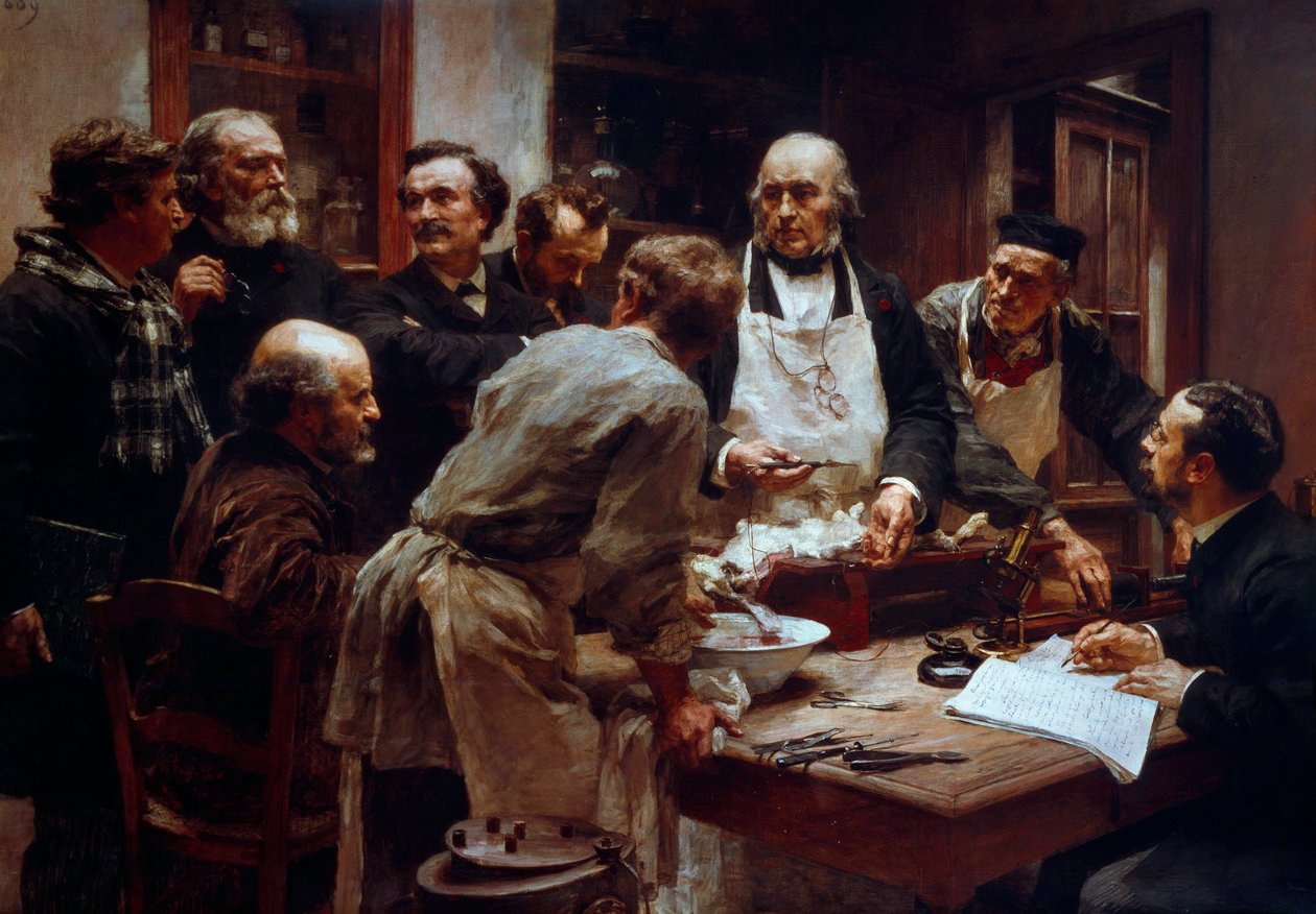 医師クロード・ベルナール（1813-1878）（エプロンをつけている）が弟子のポール・ベルト（1833-1886）とアルソンヴァルのアルセーヌ（1851-1940）を前にして行う解剖講習会 レオン・オーギュスタン・レルミット（1844-1925）画 19世紀 パリ、科学アカデミー内 作： レオン・オーギュスタン・レルミット