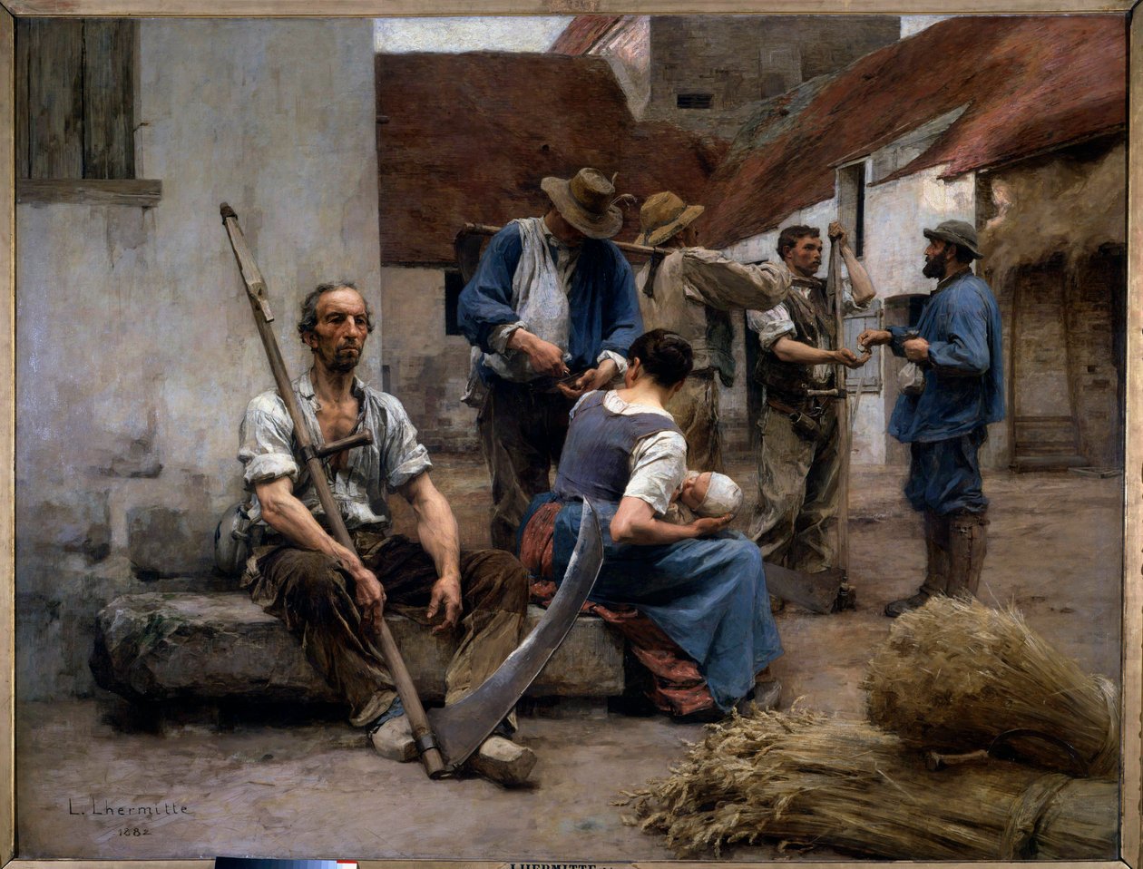 農場の庭にいる農民の収穫人の給与明細、そのうちの一人が偽物を持って