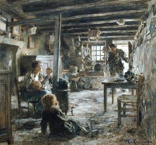 Une Famille, Interieur Fonte（父の帰還）」1887年（紙にパステル） 作： レオン・オーギュスタン・レルミット