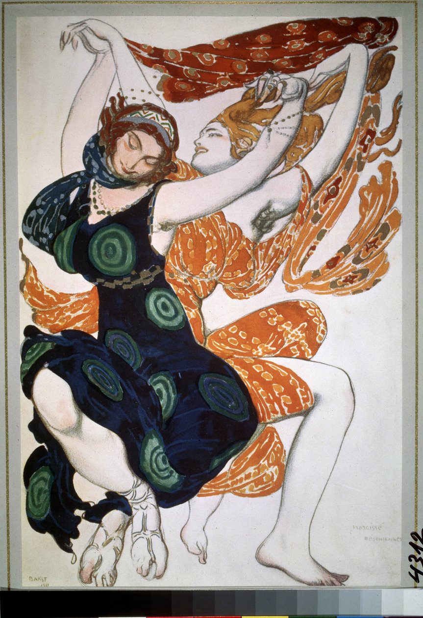 ニコライ・チェレプニン (Nicolas Tcherepnin) (1873-1945) によるバレエ「ナルシス」の衣装、2 つのベオティエンヌ (2 つのベオティエンヌ、N.Tcherepnin によるバレエ ナルシスの衣装デザイン)。 Leon Bakst (1866-1924) によるデッサン。 ペンに水彩、ガッシュ、ゴールド、シルバー 作： レオン・バクスト