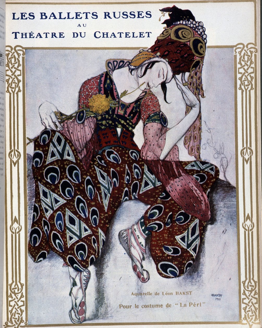 シャトレ劇場のロシア・バレエ団：「ラ・ペリ」の衣装 - バクストの水彩画、"Comoedia illustrated "に掲載されている。 作： レオン・バクスト