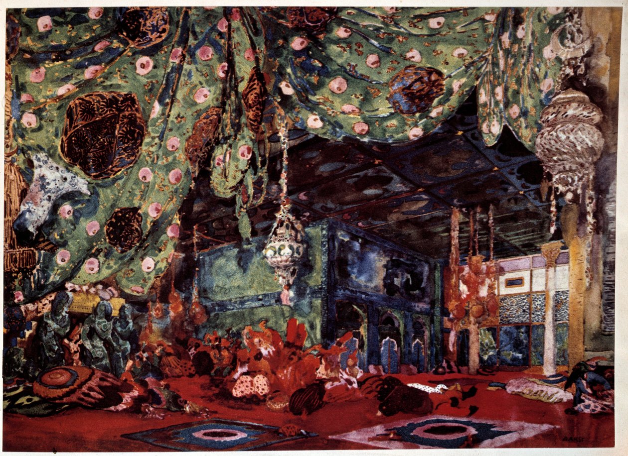 ニコライ（ニコライ）・リムスキー・コルサコフ（1844-1908）のオペラ「シェヘラザード」（Sheherazade）のために、ロシアの画家・装飾家レオン・バクスト（1866-1924）が描いたシナリオ。 作： レオン・バクスト