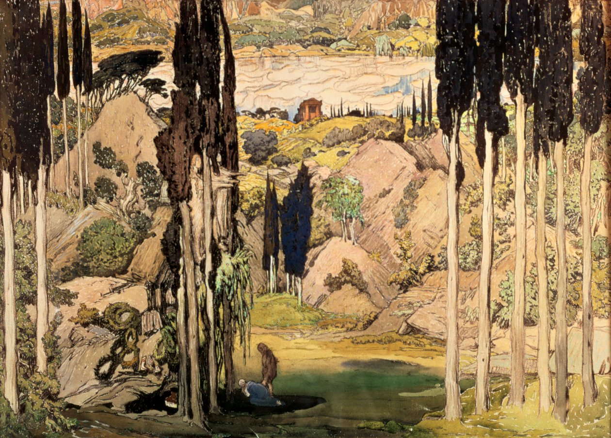 Ravels DaphnisおよびChloeのバレエラッセ制作のAct IIのセットデザイン、1912 作： レオン・バクスト