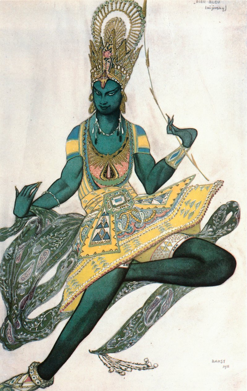 青い神」、レイナルド・ハーンのバレエ「Dieu Bleu」のための衣装スケッチ（水彩、ガッシュ、金、紙） 作： レオン・バクスト