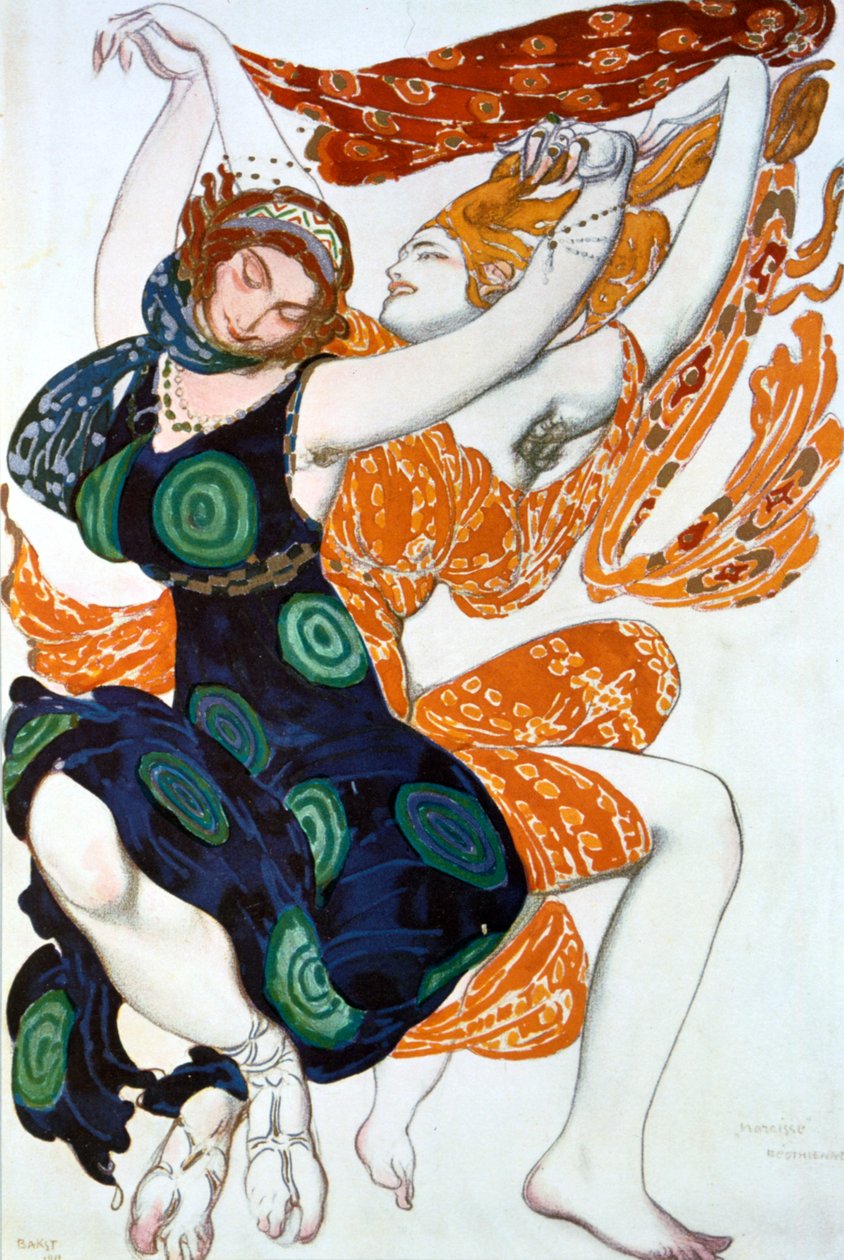 2つのBacchantes、Tcherepnins Narcisseのバレエラッセ制作の衣装デザイン、1911 作： レオン・バクスト