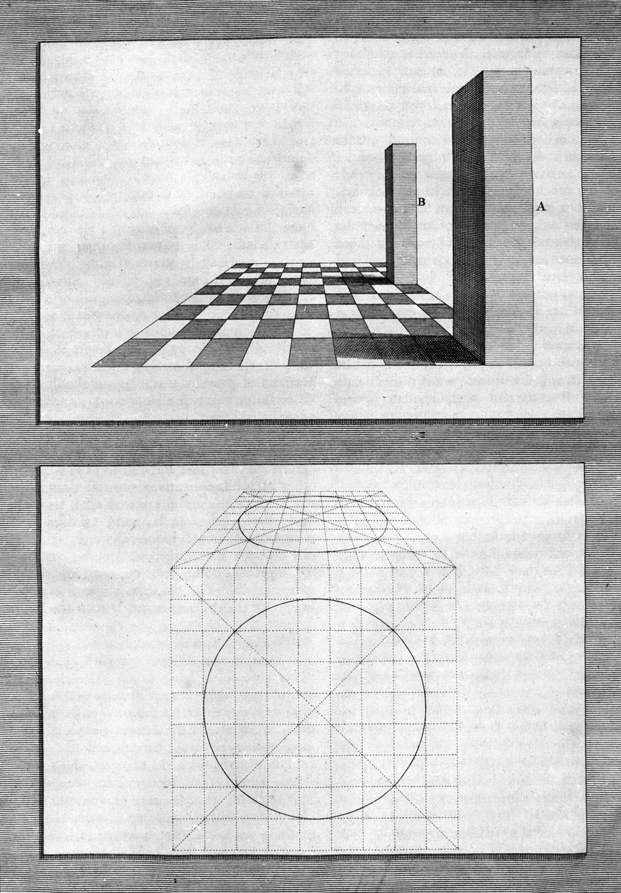 建築、遠近法、幾何学についての解説：建築家、数学者、ルネサンス期のイタリア人詩人、レオン・バッティスタ・アルベルティ（1404-1472）の「De Architectura Libri decem」から引用された板書（ロンドン 作： レオン・バッティスタ・アルベルティ