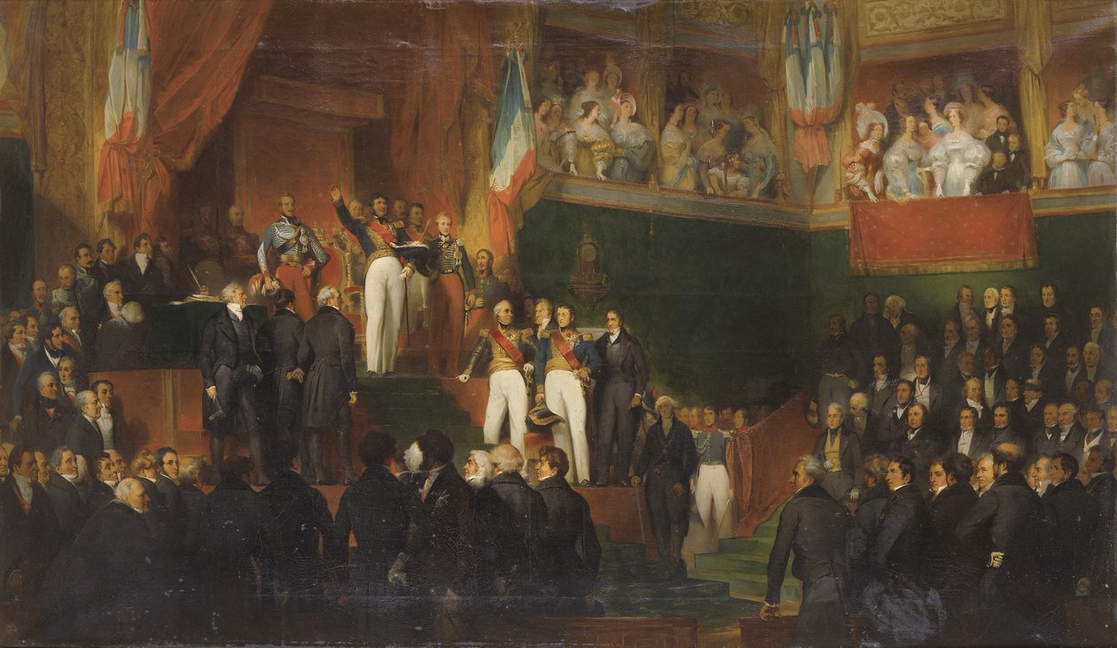 LOUIS-PHILIPPE (1773-1850) PRETE SERMENTIR LA CHARTE DE 1830 EN PRESENCE DES CHAMBRES, LE 9 AOUT 1830 peinture de LeON-JEAN-BASILLE PERRAULT AND HIS STUDIO - 1830年8月9日、代議士会で王として宣誓するルイ=フィリップ1世。 作： レオン・バジール・ペロー
